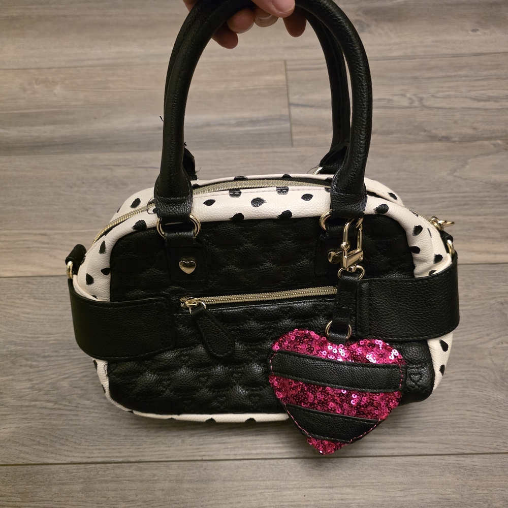 Betsey Johnson Black and Pink Sequin Bow Mini Satchel Bag Purse - Picture 2 of 8